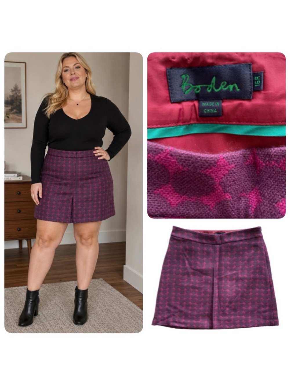 Boden wool blend purple geometric, pleated skirt, 16R